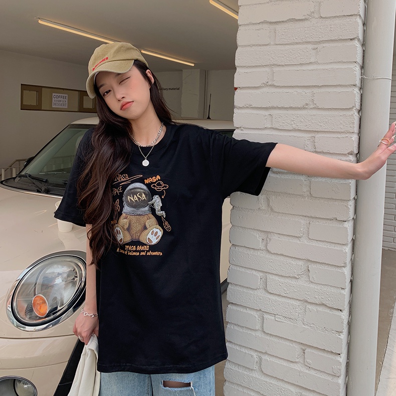 kaos hitam wanita/oversize bear printing t-shirt /korean style baju kaos