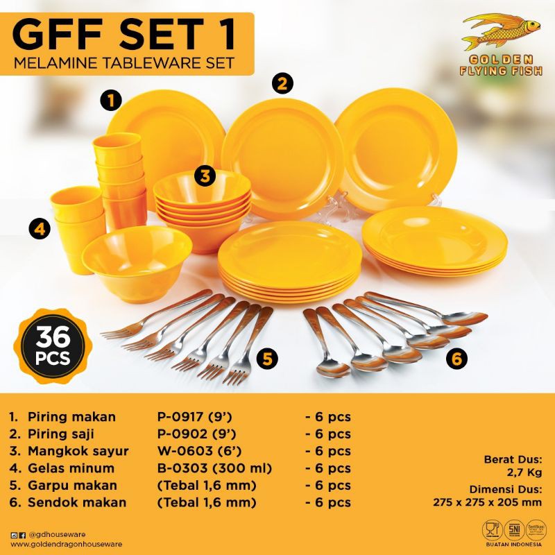 GFF Golden Flying fish set 36 pcs Melamin golden dragon mangkok piring