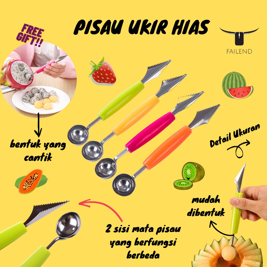 Pisau Ukir Hias Buah Bulat 2 Sisi / Stainless Steel Fruits Carve Knife Untuk Dekorasi