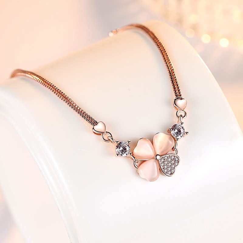 gelang perak 925 asli untuk wanita Perhiasan Fashion bunga berdaun empatgelang tangan perempuan