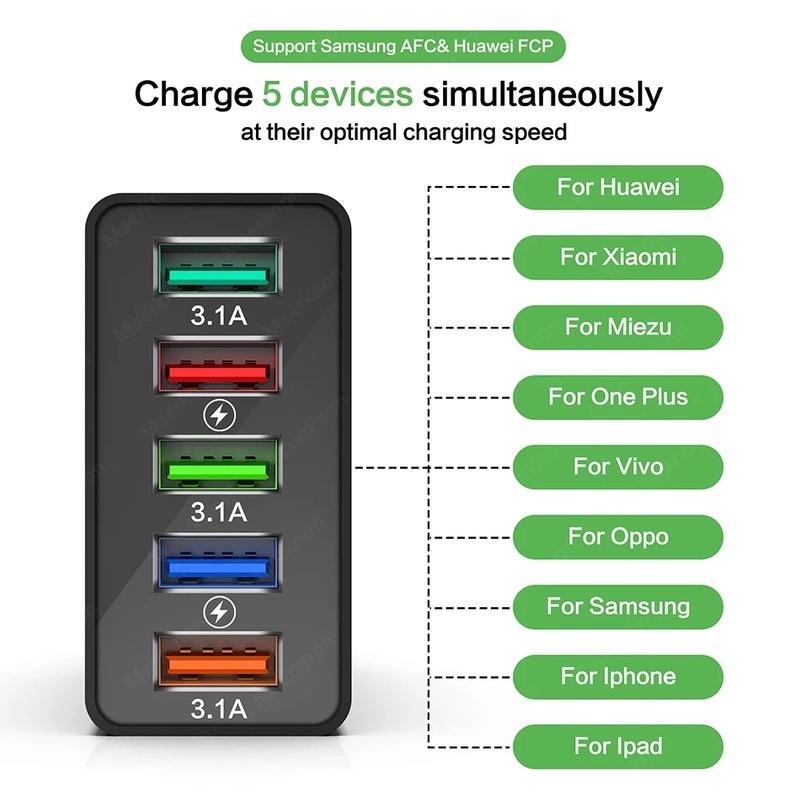 Adapter Charger Dinding 5 Port Usb 48w QC3.0 Portable Plug US / EU Untuk IPhone / Android