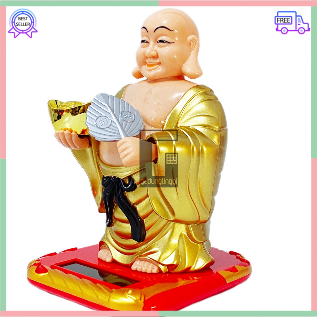 Patung Dewa Julaihut Maitreya Mi Le Fo Hoki Rejeki Fortune Kipas Goyang Uang Koin Emas Budha Buddha