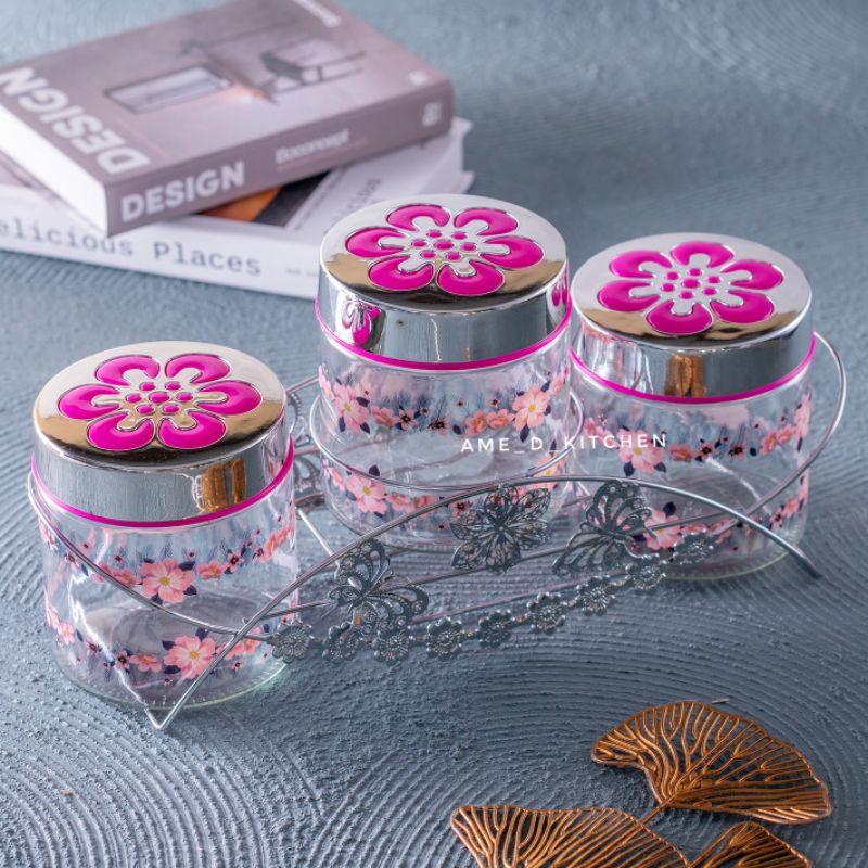 NEW Toples set lebaran kaca isi 3 bunga pink + rak stenliss