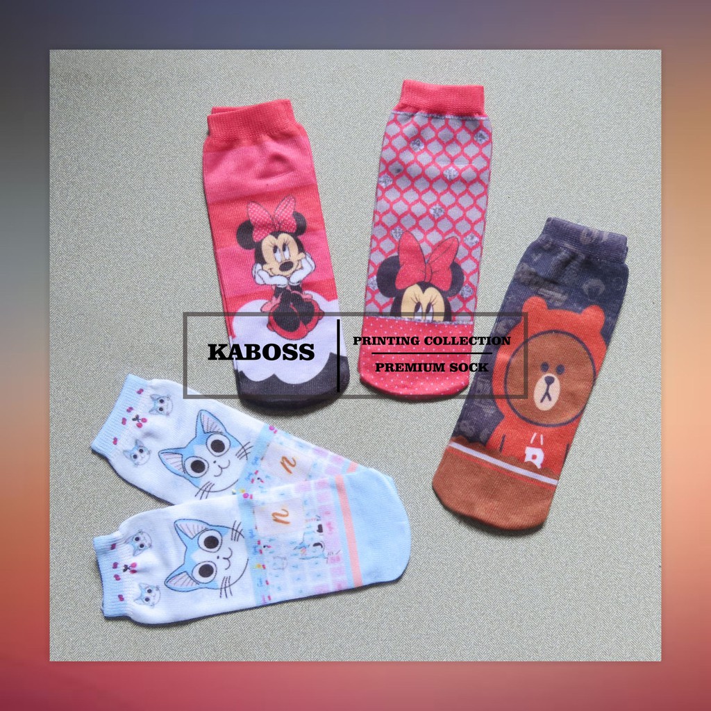 Kaboss Kaos Kaki Anak Non Jempol Printing Motif Bear, minni Mouse, Frozzen F