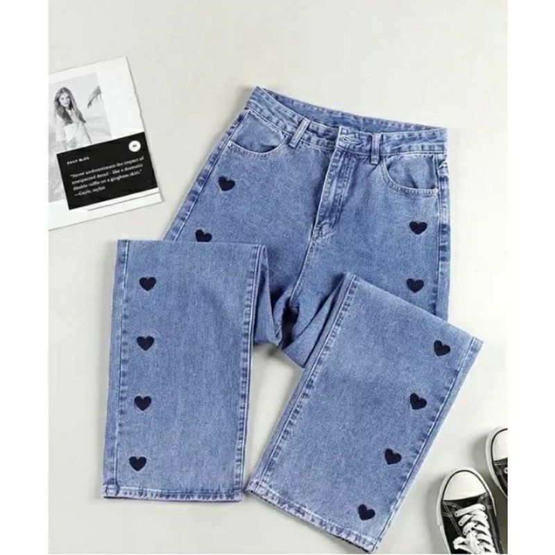 Celana Panjang HW Kulot Jeans Love Boyfriend Jeans Korea Jeans
