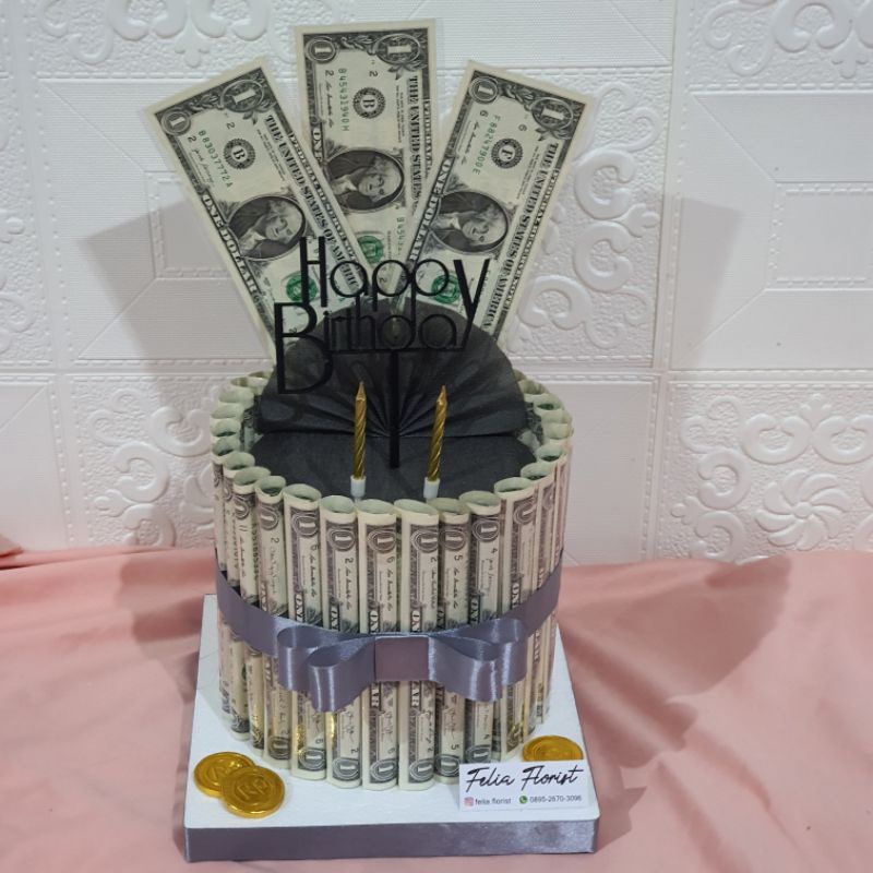 Hadiah Anniversary Kado Ultah Birthday Gift Pacar Lucu Murah | Dollar Money Cake 1 Tier High Small Kue Uang Dolar Asli