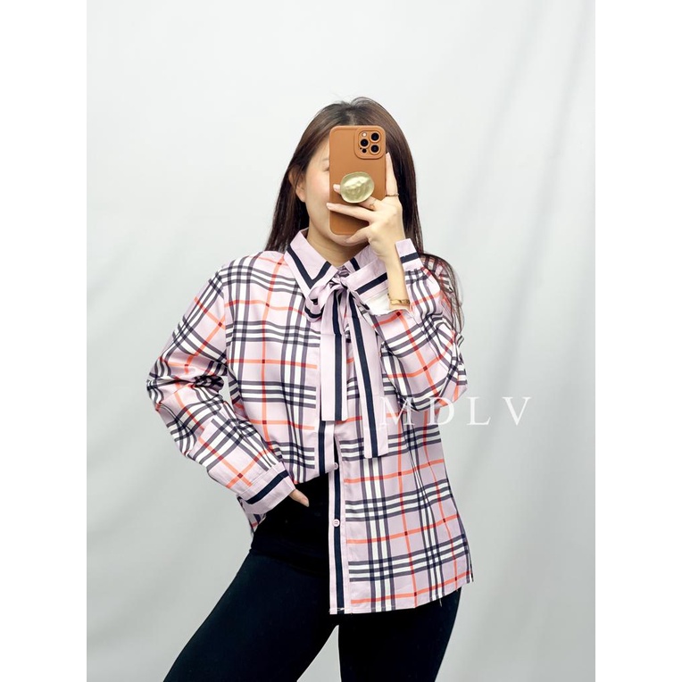 MDLV 8011 BB CHECK DETACHABLE TIE NECK SHIRT KEMEJA KOTAK KEMEJA KOREA KEMEJA PREMIUM FASHION IMPORT