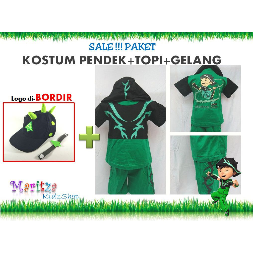 Baju / Stelan Kostum Pendek Anak Boboiboy Duri Hijau