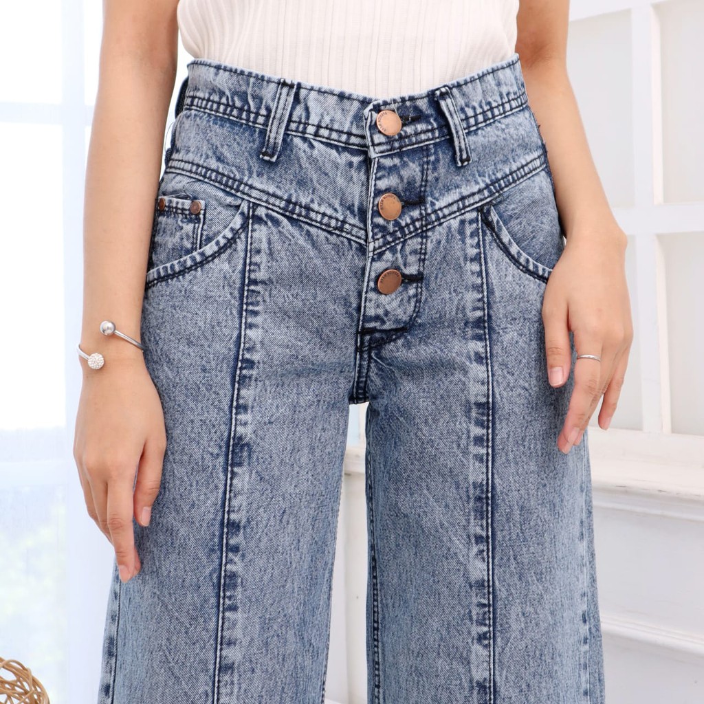 HOPYLOVY - Celana Kulot Jeans Wanita Highwaist 3 Kancing Depan Zarara