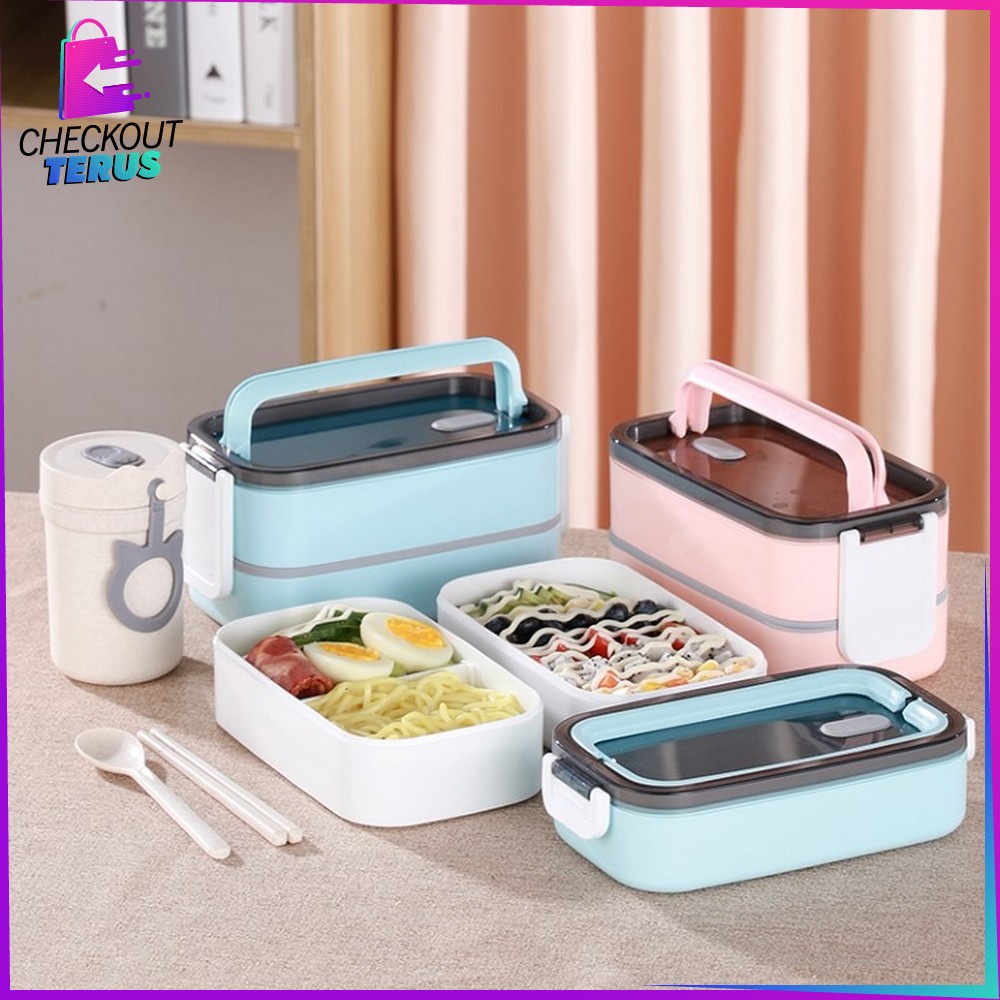 CT C376 Lunch Box Double Layer Tempat Makan 2 Tingkat Kotak Makan Kotak Bekal Bento Box 4 Sekat Rantang Susun Tempat Makanan Susun