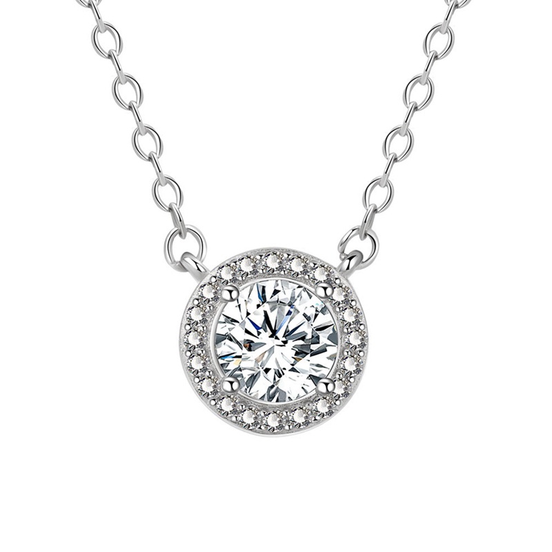 Kalung Rantai Sterling Silver 925 Hias Liontin Batu Zircon Bulat Untuk Wanita