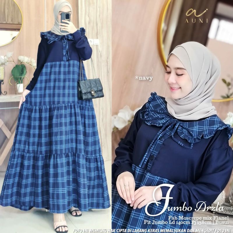 Arzla maxy jumbo by Auni Uwais gamis dress jumbo ld 140 xxl xxxl busui kancing aktif bahan flanel mi