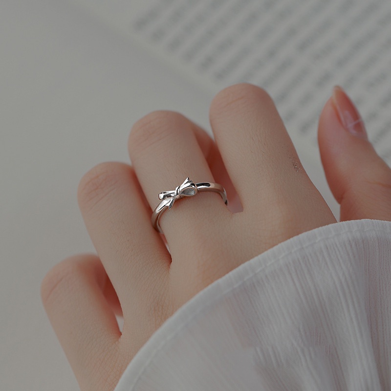 Cincin Model Terbuka Adjustable Desain Pita Bahan S925 Silver Gaya Korea Untuk Wanita