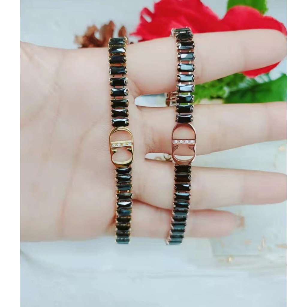 Gelang Titanium Permata Putih/hitam Perhiasan Fashion P02