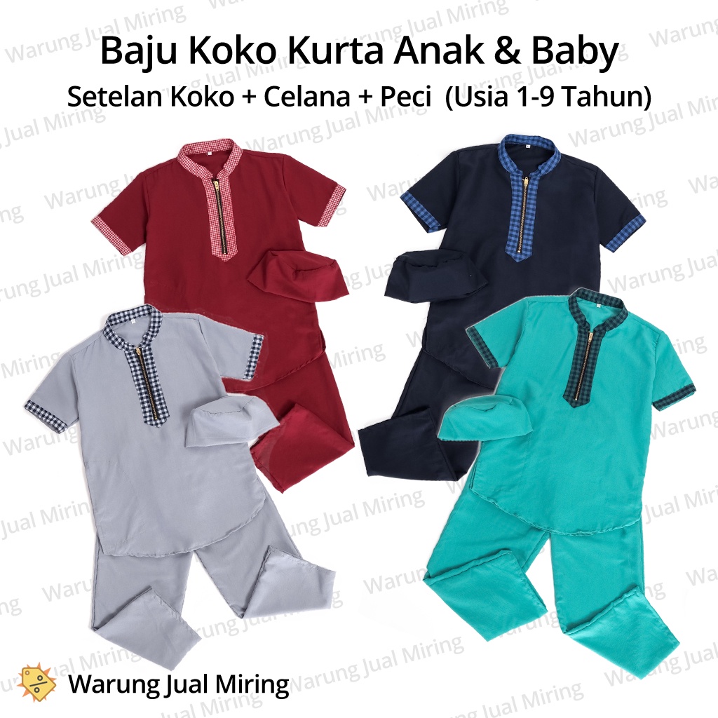 Setelan Anak Baju Koko 1-9 Tahun Celana Panjang Peci Set Sarkoci Kemeja Kurta Sarung Polos Kain Katun Laki Cowok Baby Bayi Balita Batita TK SD Sekolah Pesantren Muslim Islam Warna Biru Merah Hijau Abu Umur Usia Bulan 2 3 4 5 6 7 8 10 11 12 18 24 Sleting