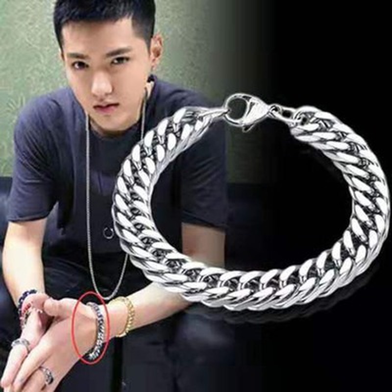 Gelang Bahan Stainless Steel Warna Silver Lebar 10mm Gaya Hip Hop Untuk Pria Dan Wanita