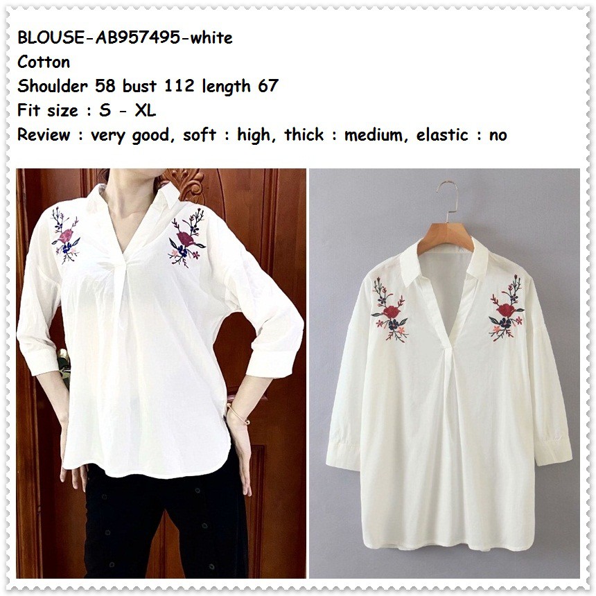 AB957495 Baju Atasan Kerja Kemeja Bordir Putih Wanita Korea Import