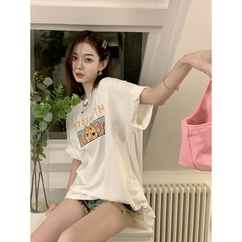 baju oversize wanita korean style cetakan binatang kaos hitam retro