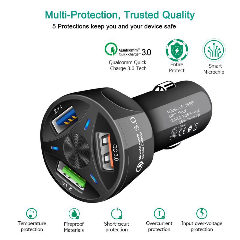 .Car Charger 3 Port Round Model WIth QC 3.0 Fast Car Charger 3 Port.