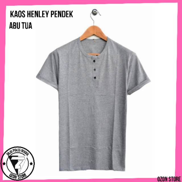 Kaos Henley Baju Kancing Polos Warna Abu Tua