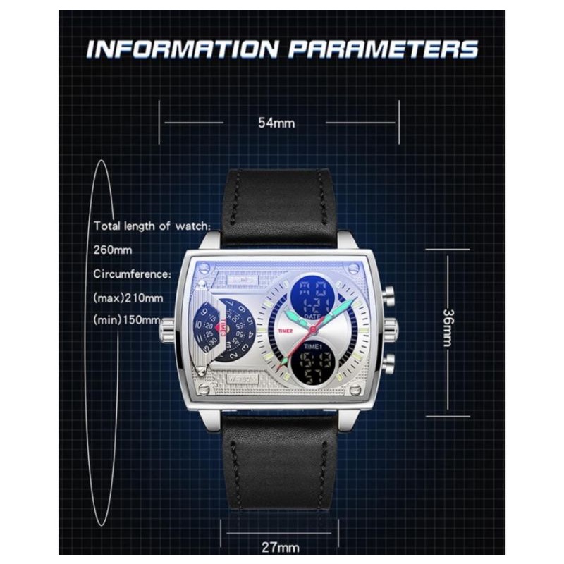 Jam Tangan S6032 Jam Tangan Pria Digital Analog Tali Kulit 3 Time Zone Display LED