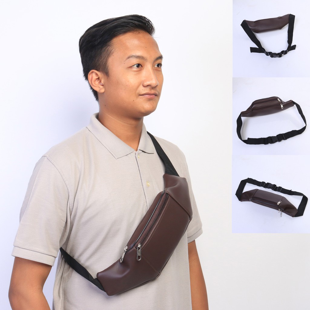 COD Tas Selempang Waistbag Pria PU (Ada Lubang Earphone) waterproff ewl01