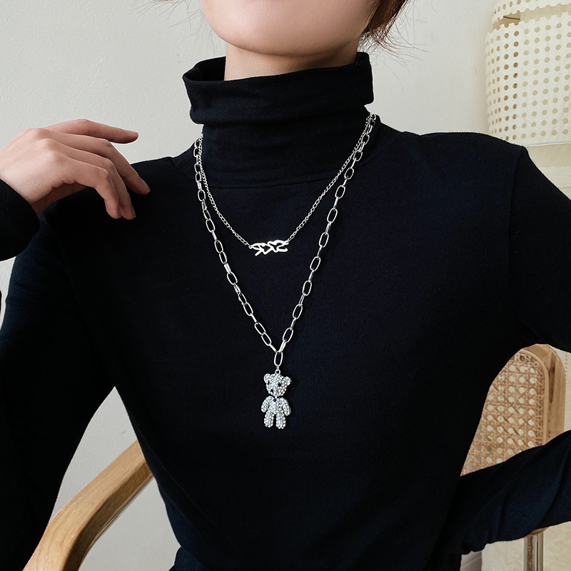 Kalung Model Lapis Ganda Desain Beruang Warna Silver Gaya Korea