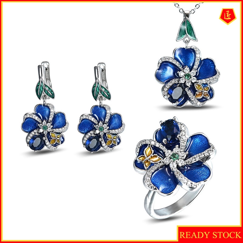 [Ready Stock]Butterfly Ring Flower Rhinestone-Embedded Earrings and Necklace Set