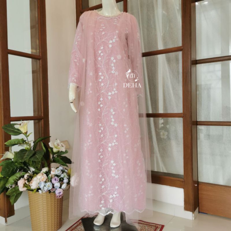 Gaun Kondangan Brokat Payet Mutiara Dress Muslimah Pink