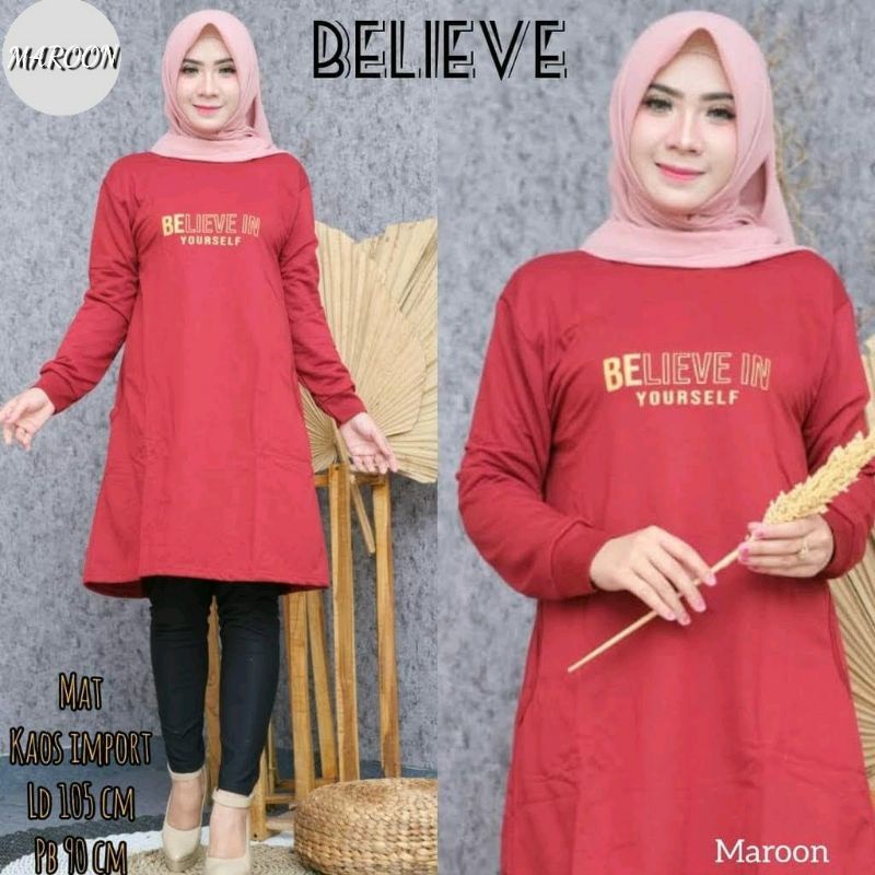 JF Tunik Kaos Wanita Lengan Panjang Dewasa Terbaru Babyterry BELIEVE IN