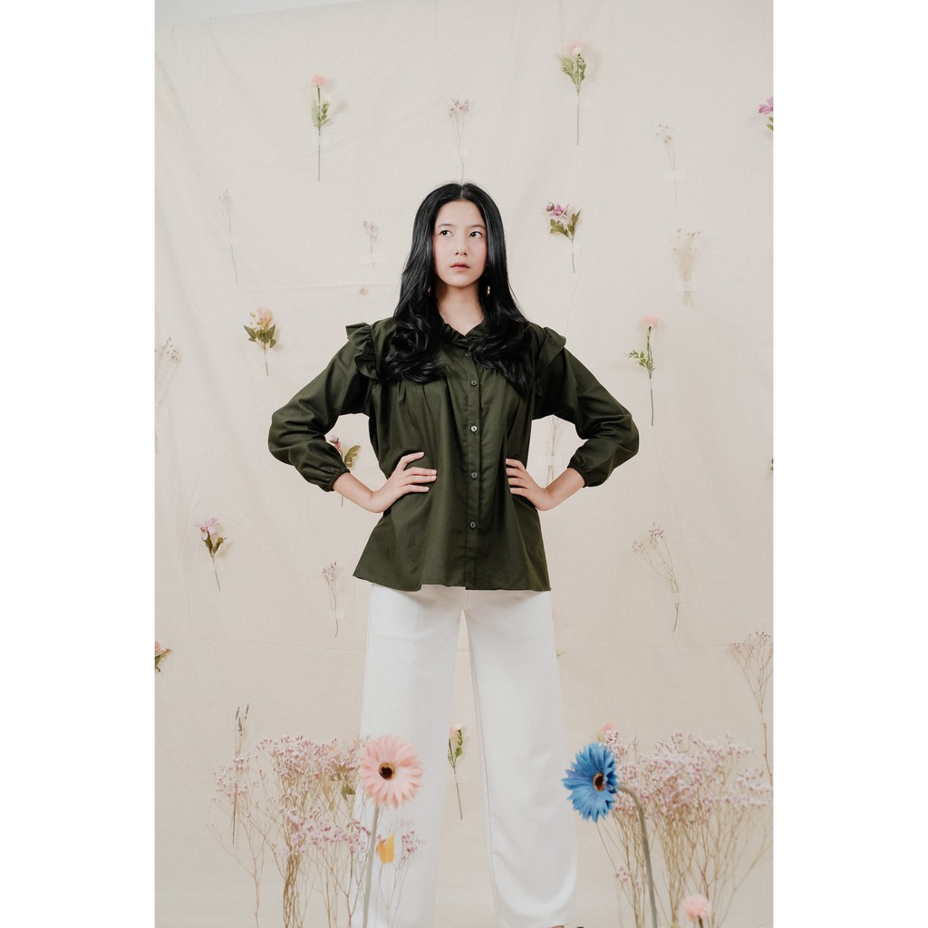 Sazkia Linen Shirt / Atasan Kemeja Wanita-Army