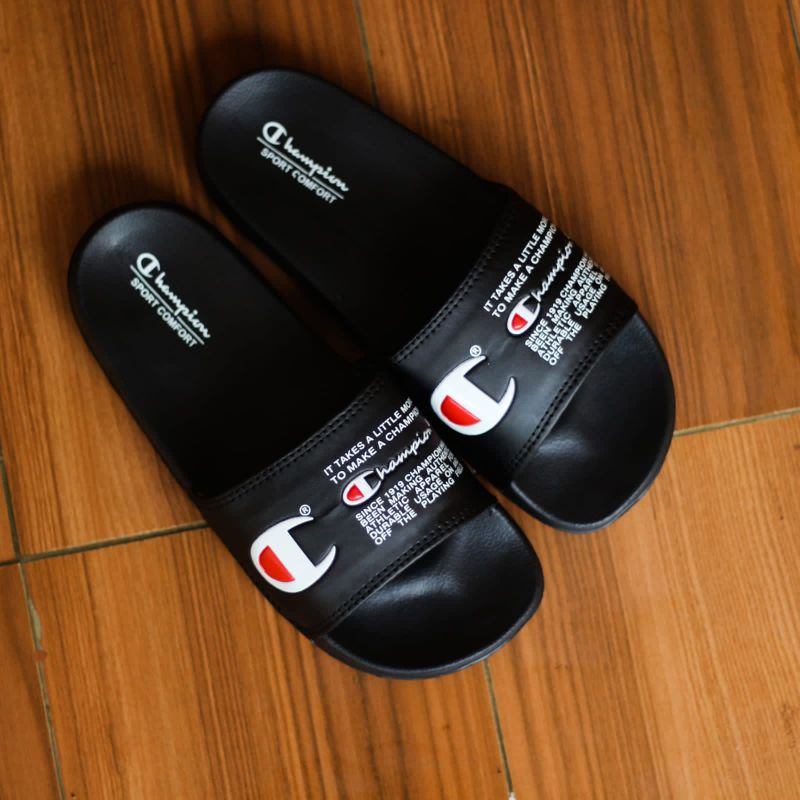Sandal Slop Champion unisex terbaru original BNWB-Black skript