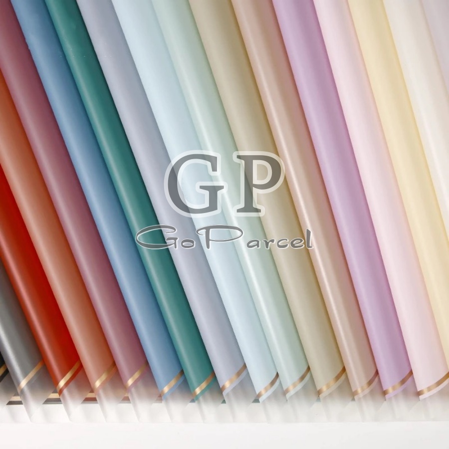 ( 5 Lembar ) TRANSLUCENT GOLD FRAME - FLOWER WRAPPING PAPER PLASTIC CELLOPHANE GOLD LINE MATTE