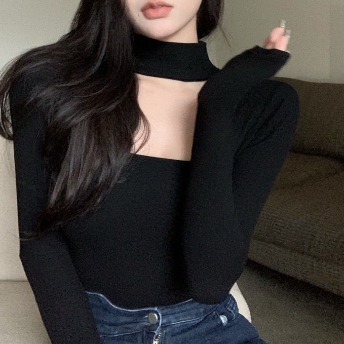 #Sisjuly# Kemeja bagian bawah berongga turtleneck seksi, T-shirt ketat, atasan stretch
