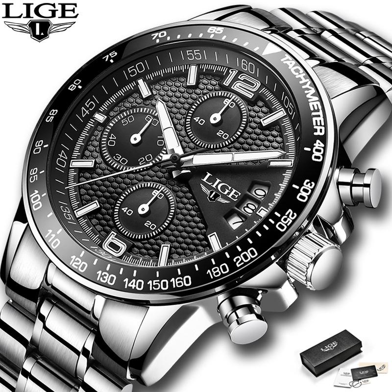 LIGE Jam Tangan Baja Nirkarat Pria, Tahan Air Analog Kuarsa Kronograf Kalender Otomatis Bercahaya