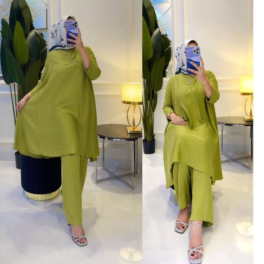 Monalisa One Set Tunik Twill Ori Setelan Wanita Lengan Panjang Fashion Muslim Kekinian LD 110 cm