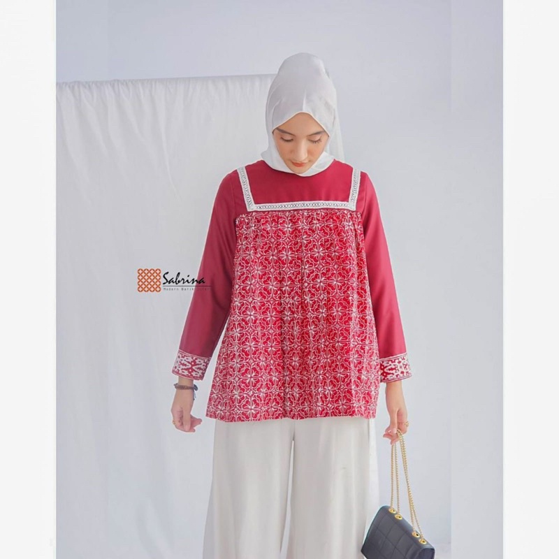 Adena Maroon Blouse Atasan Batik Wanita Kerja Kantor Modern Kekinian Katun Cap