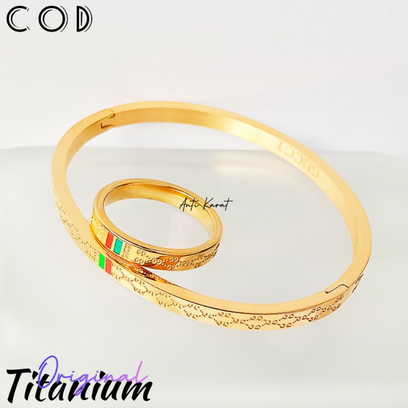 [BAYAR DITEMPAT] 1 SET GELANG DAN CINCIN TITANIUM GUCCI WANITA TERBARU DAN KEKINIAN ANTI KARAT ANTI