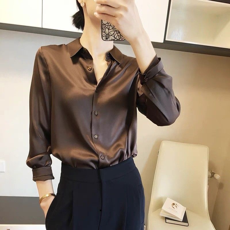 Zero~ 2520 Adella Silk Satin Plain Shirt//Atasan Kemeja &Blouse Wanita//Fashion Import-Brown