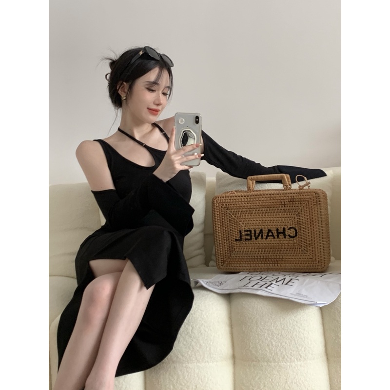 Suhao French suspender dress wanita musim panas high-end gaun hitam kecil desain rasa pinggang tempe