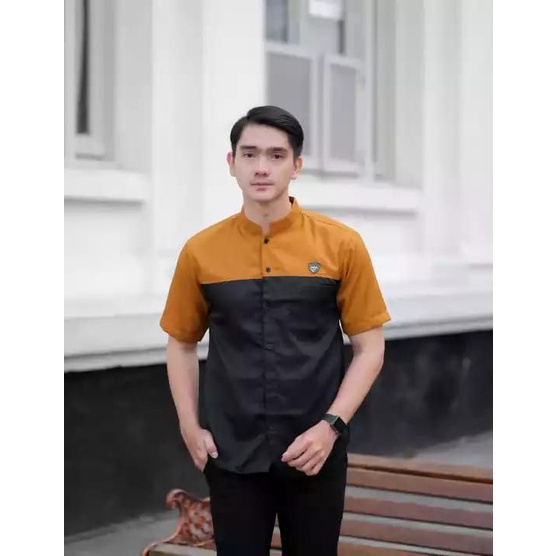 Baju Koko Kurta Dewasa Lengan Pendek Material Catton  Adem Serap Keringat-KUNYIT HITAM
