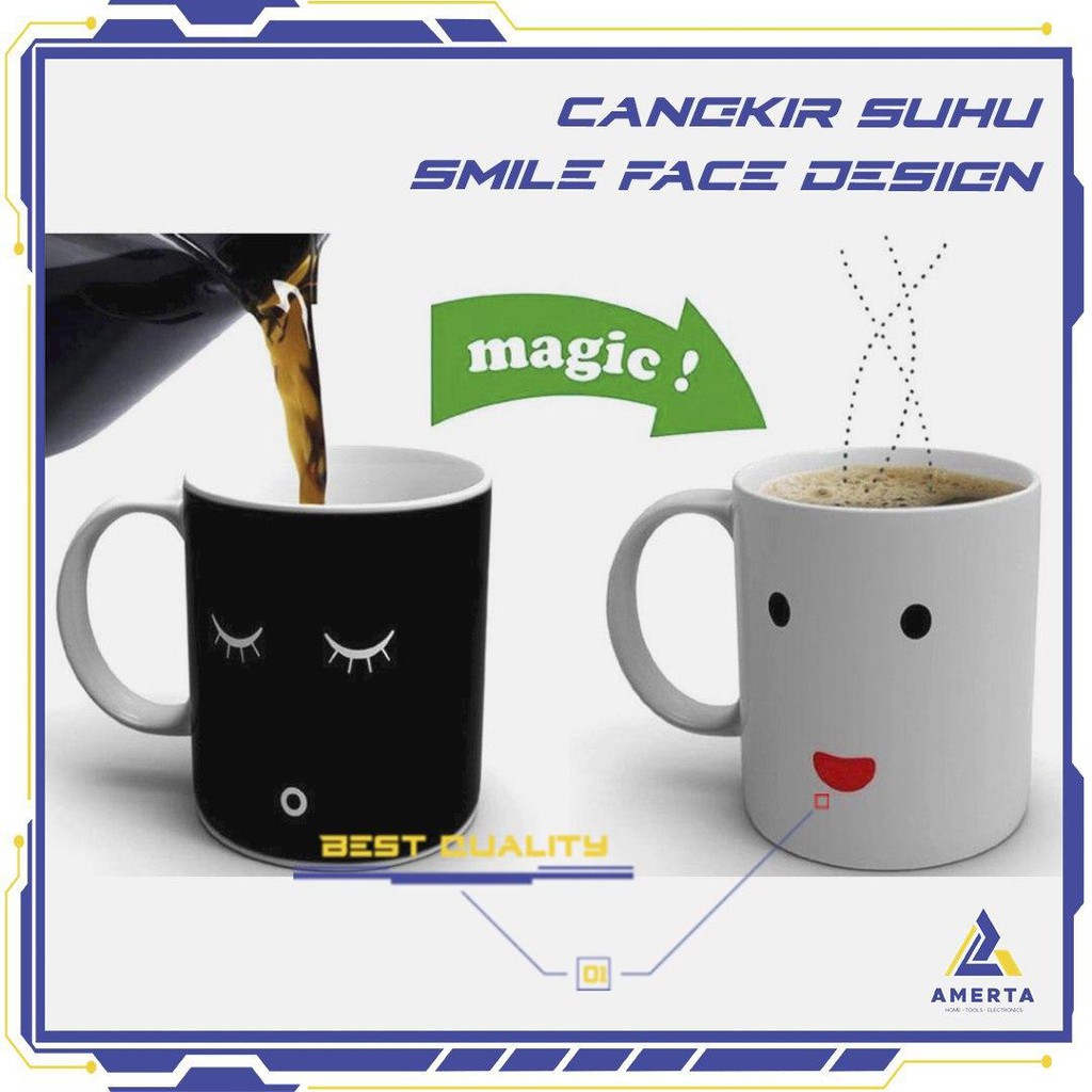 Gelas Mug Cangkir Unik Sensitif Suhu 400ml | Motif Batre | Motif Smile Face | Motif Bohlam