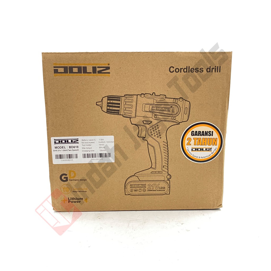 DOLIZ BD618 Cordless Drill 21 V - Mesin Bor Besi Kayu Baterai Charger