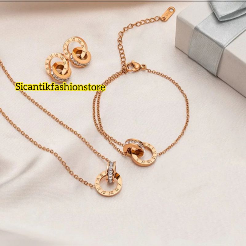 Perhiasan Set Titanium Wanita Kalung Gelang Anting Model Ring Warna Rose Gold Terlaris Anti Karat selamanya Perhiasan Wanita Dewasa Terbaru Kekinian Mewah