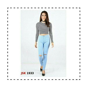 Celana High Waist Jeans Wanita -Jeans HW Biru Muda - Jeans Sobek Lutut