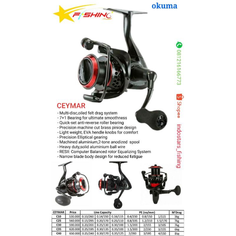 Jual Reel OKUMA CEYMAR C10 C25 C30 C35 C40 C65 Spinning Saltwater 7+1 ...