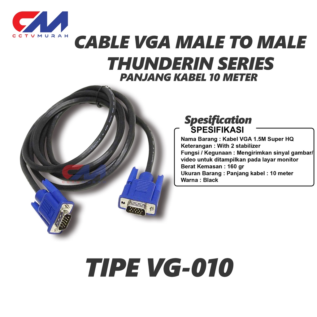 Kabel VGA Thunderin VG-010 Biru - Panjang 10 Meter