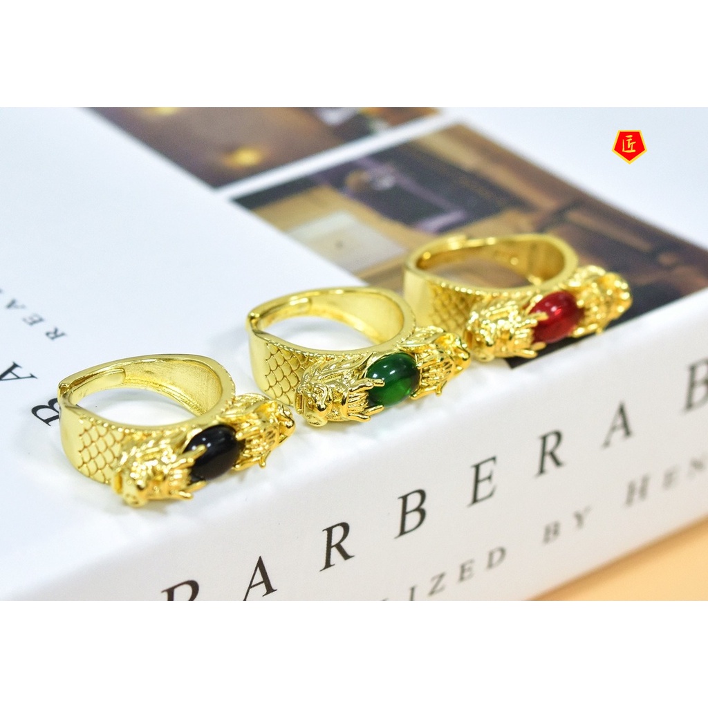 [Ready Stock]Gold Inlaid with Jade Gem Two Dragons Open Ring