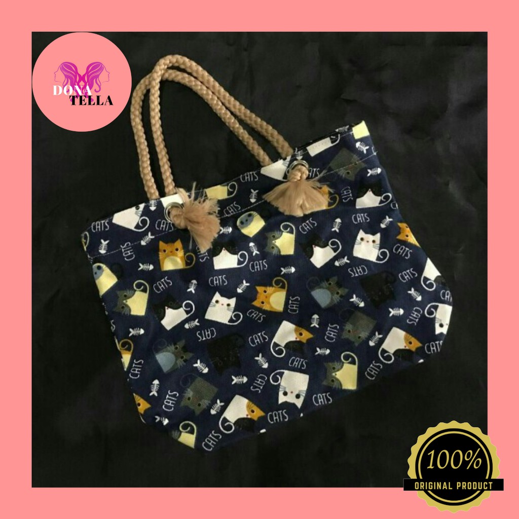 Totebag Sumbu Mini Bahan Kanvas Murah Kekinian - Motif Navy Cat