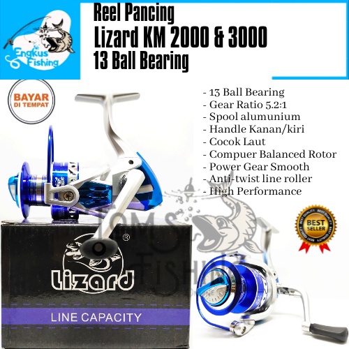 Reel Pancing Lizard KM 2000 &amp; 3000 (13+1 Bearing) Spool Almunium Murah - Engkus Fishing